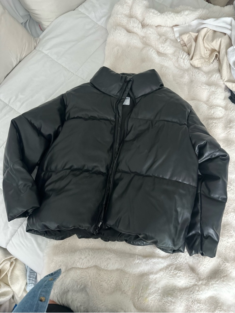 Old Navy Black Faux Leather Puffer Jacket - Women's